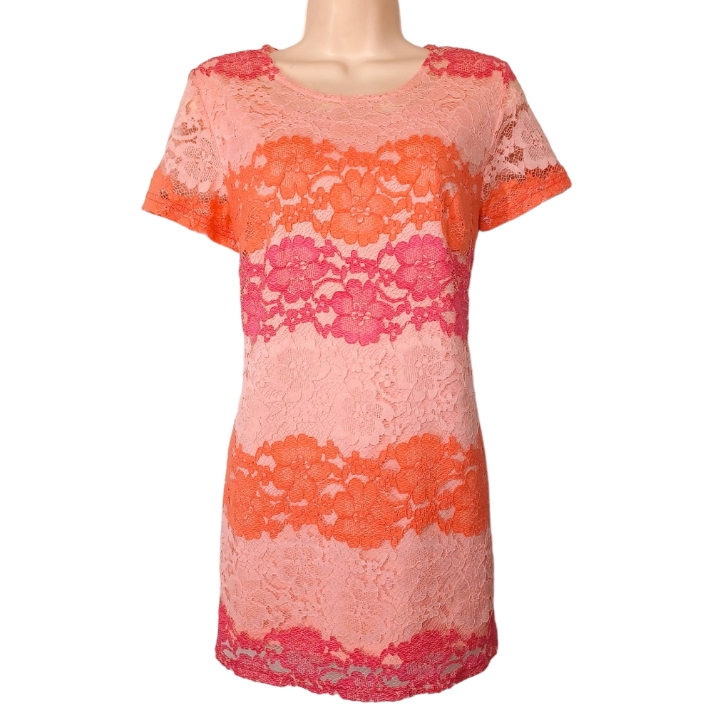 ISAAC MIZRAHI LIVE! QVC Pink Orange Stripe Lace Short Sleeve Tunic Top XSmall